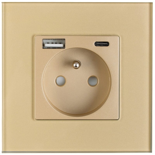 Steckdose Mit Erdungsstift Glas Gold + Doppelte USB-Ladesteckdose 20W Typ A+C MIUUN