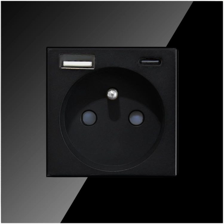 Steckdose Mit Erdungsstift Schwarz + Doppelte USB A+C-Ladesteckdose 20W Set Mit Glasrahmen