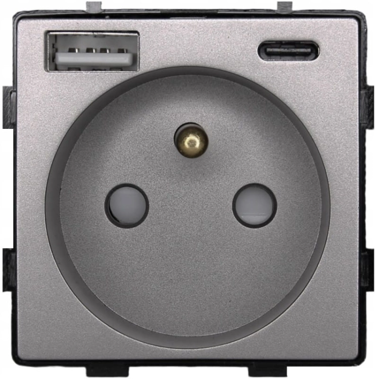 Modul Steckdose Mit Erdungsstift Grau + Doppel-USB-Ladesteckdose 20W Typ A+C Für Rahmen