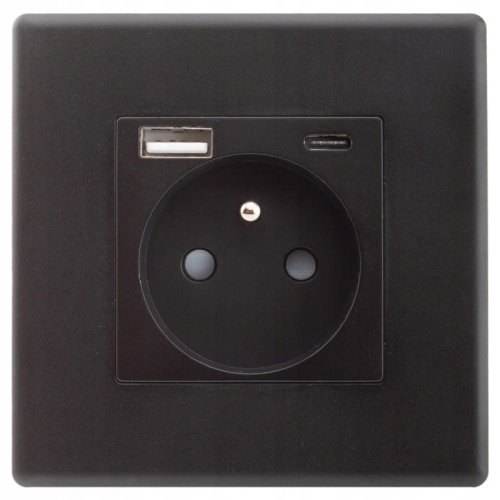 Steckdose Schwarz Mit Erdungsstift + Steckdose USB A+C 20W Set Mit Rahmen PVC
