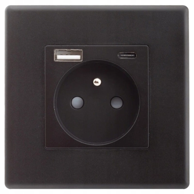 Steckdose Schwarz Mit Erdungsstift + Steckdose USB A+C 20W Set Mit Rahmen PVC