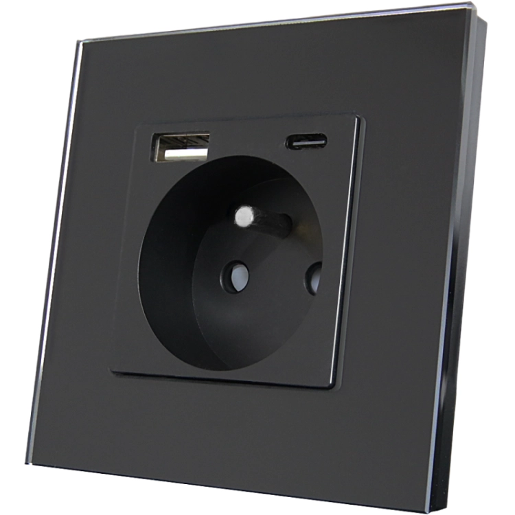 Steckdose Mit Erdungsstift Schwarz + Doppelte USB A+C-Ladesteckdose 20W Set Mit Glasrahmen