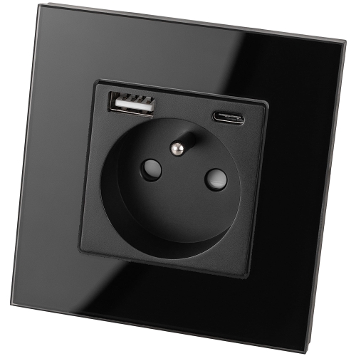 Steckdose Mit Erdungsstift Schwarz + Doppelte USB A+C-Ladesteckdose 20W Set Mit Glasrahmen