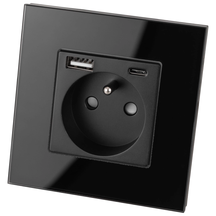 Steckdose Mit Erdungsstift Schwarz + Doppelte USB A+C-Ladesteckdose 20W Set Mit Glasrahmen