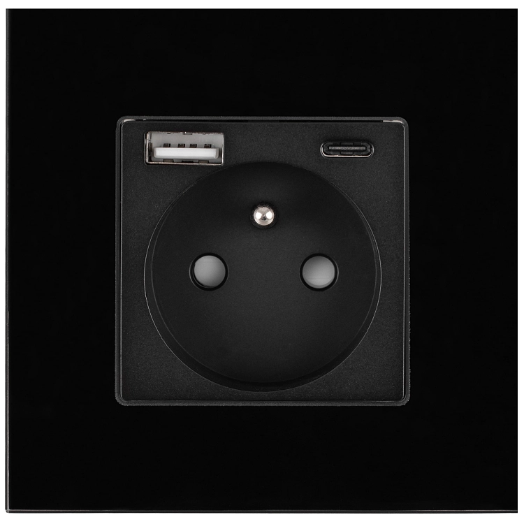 Steckdose Mit Erdungsstift Schwarz + Doppelte USB A+C-Ladesteckdose 20W Set Mit Glasrahmen