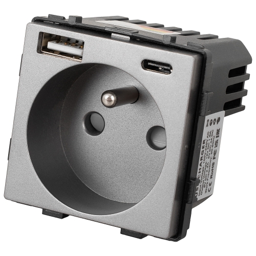 Modul Steckdose Mit Erdungsstift Grau + Doppel-USB-Ladesteckdose 20W Typ A+C Für Rahmen