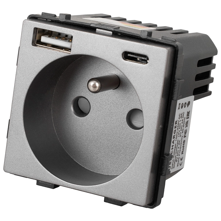 Modul Steckdose Mit Erdungsstift Grau + Doppel-USB-Ladesteckdose 20W Typ A+C Für Rahmen