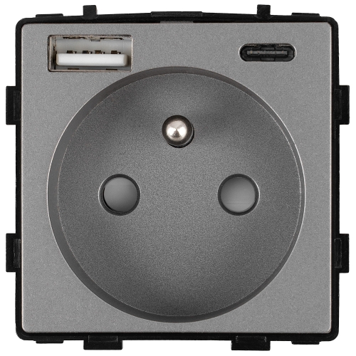 Modul Steckdose Mit Erdungsstift Grau + Doppel-USB-Ladesteckdose 20W Typ A+C Für Rahmen