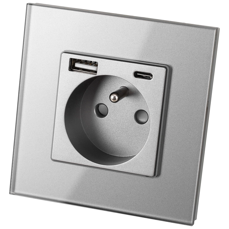 Steckdose Mit Erdungsstift Glas Grau + Doppel-USB-Ladesteckdose 20W Typ A+C