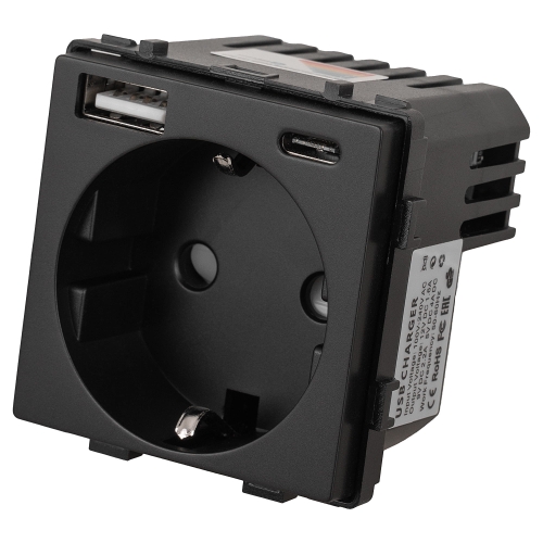 Modul Schuko-Steckdose Mit Schutzkontakt Ohne Erdungsstift Schwarz + Doppelte USB-Ladesteckdose 20W Für Rahmen