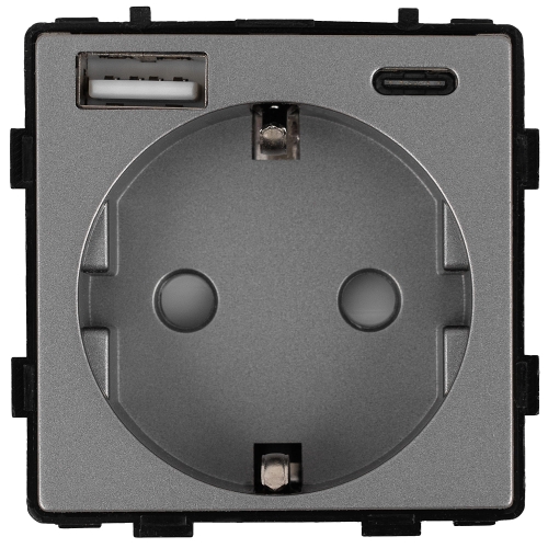 Modul Schuko-Steckdose Mit Schutzkontakt Ohne Erdungsstift + Doppelte USB-Ladesteckdose 2.4A Typ A+C 20W Grau Für Rahmen