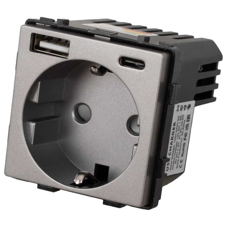 Modul Schuko-Steckdose Mit Schutzkontakt Ohne Erdungsstift + Doppelte USB-Ladesteckdose 2.4A Typ A+C 20W Grau Für Rahmen