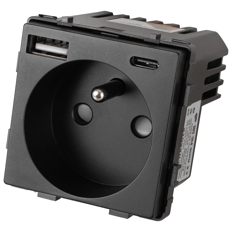 Modul Steckdose Mit Erdungsstift Schwarz + Doppel-USB-Ladesteckdose 20W Für Rahmen