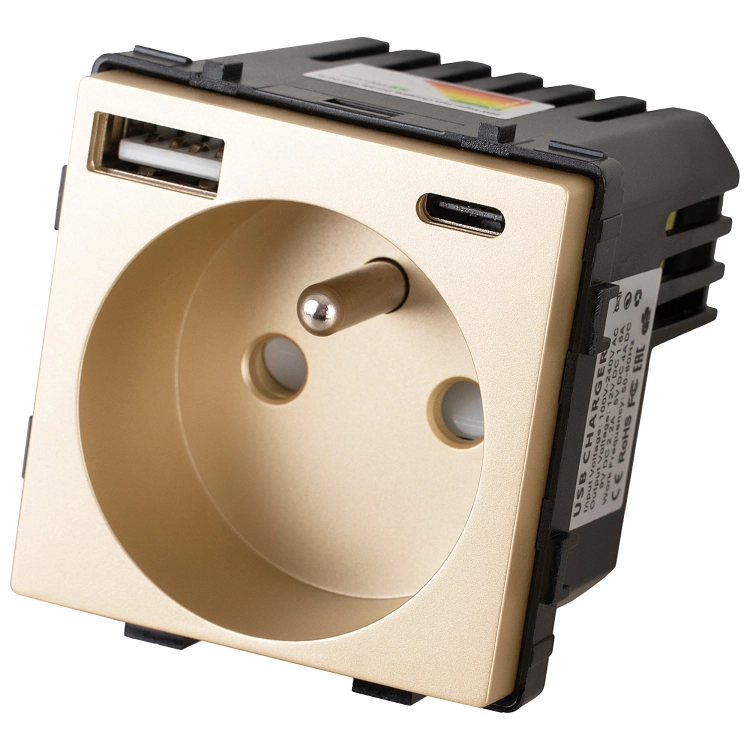 Modul Steckdose Mit Erdungsstift Gold Und Doppelte USB-Ladesteckdose 20W Typ A+C Für Rahmen MIUUN