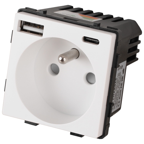 Modul Steckdose Mit Erdungsstift Weiß + Doppelte USB A+C-Ladesteckdose 20W Für Rahmen