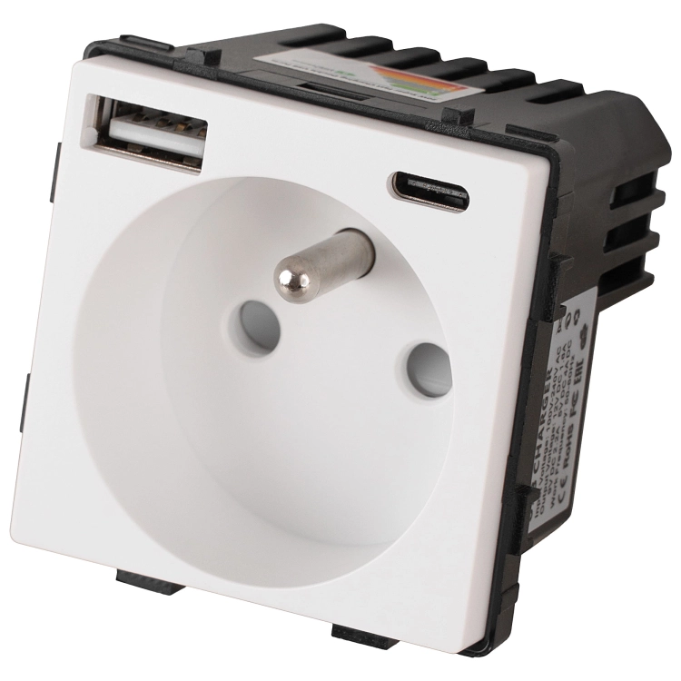Modul Steckdose Mit Erdungsstift Weiß + Doppelte USB A+C-Ladesteckdose 20W Für Rahmen