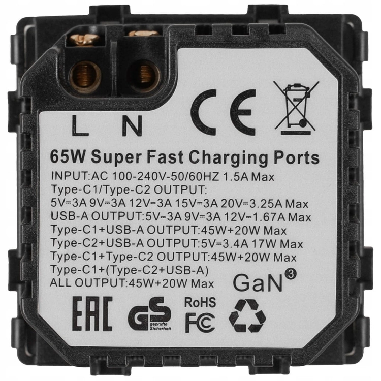 Modul Steckdose Dreifache USB-Ladesteckdose USB A+C+C 65W Grau Für Rahmen