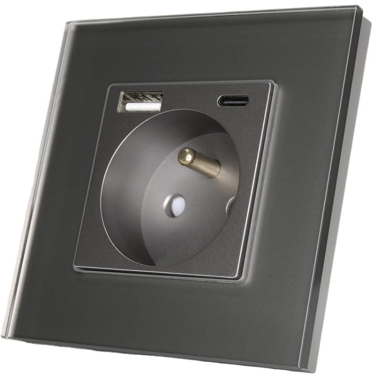 Steckdose Mit Erdungsstift Glas Grau + Doppel-USB-Ladesteckdose 20W Typ A+C