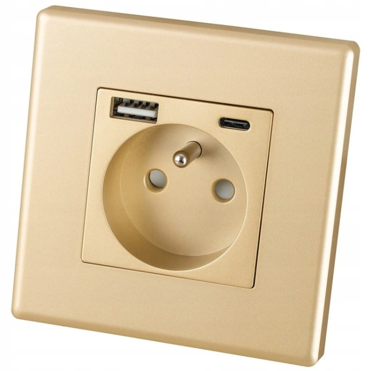 Steckdose Mit Erdungsstift Gold + USB A+C Steckdose 20W Set Mit PVC-Rahmen