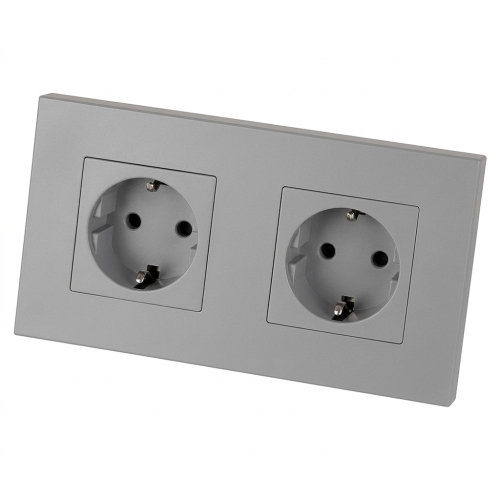 Doppelsteckdose Kunststoff LINEA Schuko Grau Und Doppelrahmen 2 X Steckdose