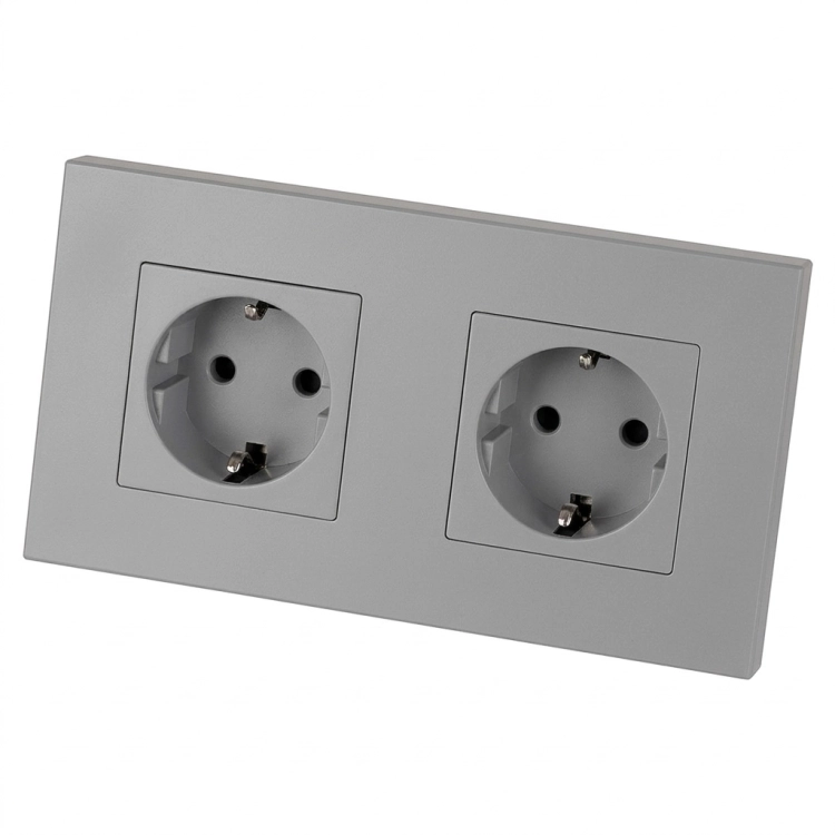Doppelsteckdose Kunststoff LINEA Schuko Grau Und Doppelrahmen 2 X Steckdose