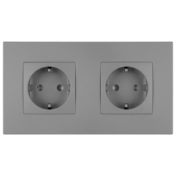Doppelsteckdose Kunststoff LINEA Schuko Grau Und Doppelrahmen 2 X Steckdose