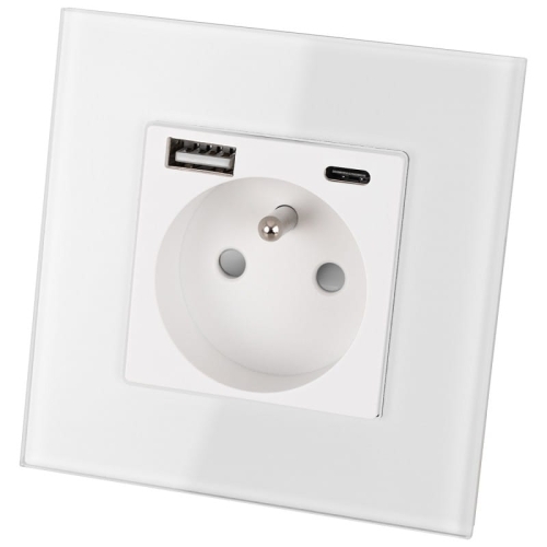 Steckdose Mit Erdungsstift Glas Weiß + Doppel-USB-Ladesteckdose 20W Typ A+C