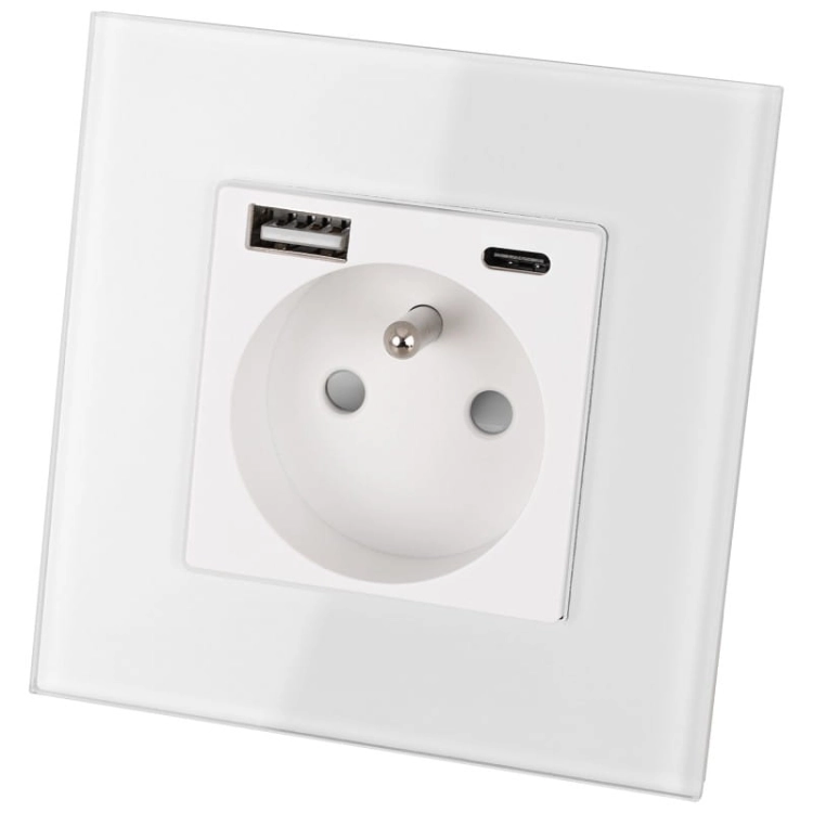 Steckdose Mit Erdungsstift Glas Weiß + Doppel-USB-Ladesteckdose 20W Typ A+C
