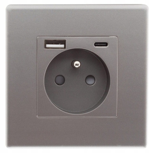 Steckdose Grau Mit Erdungsstift + USB A+C 20W Set Mit PVC-Rahmen