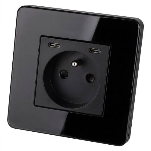 Steckdose Glas Hochglanz + Doppelte USB-Ladesteckdose C+C 20W Schwarz MIUUN