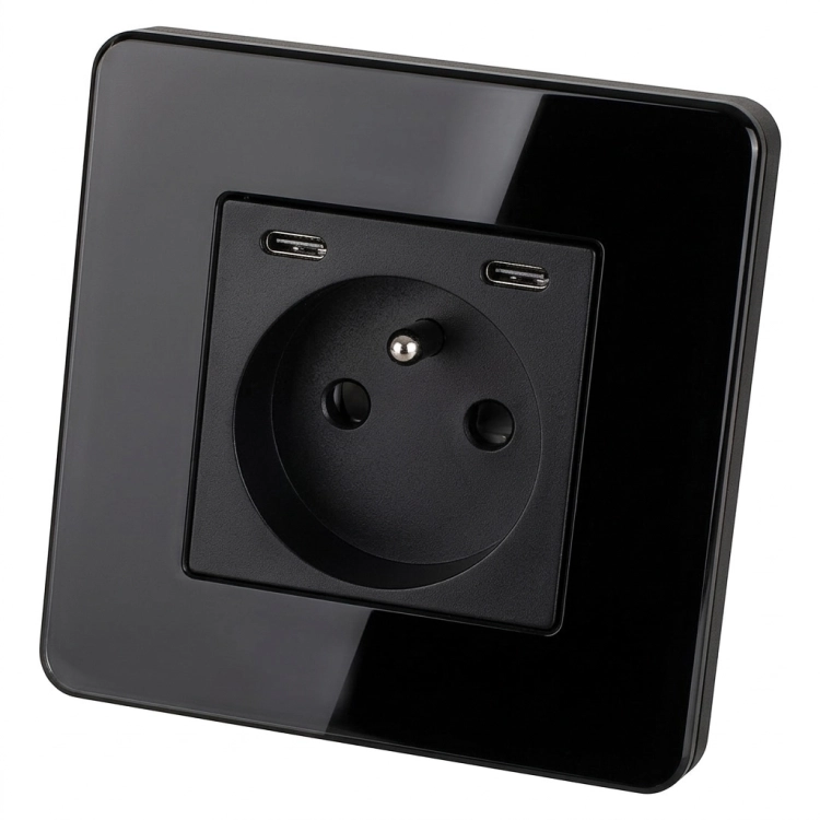 Steckdose Glas Hochglanz + Doppelte USB-Ladesteckdose C+C 20W Schwarz MIUUN