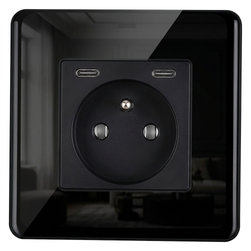 Steckdose Glas Hochglanz + Doppelte USB-Ladesteckdose C+C 20W Schwarz MIUUN