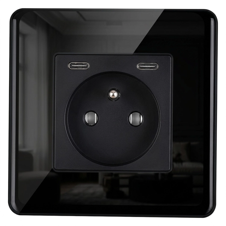 Steckdose Glas Hochglanz + Doppelte USB-Ladesteckdose C+C 20W Schwarz MIUUN