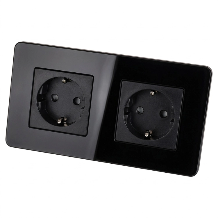 Doppelsteckdose Glas Hochglanz Schuko Schwarz Und Doppelrahmen 2 X Steckdose