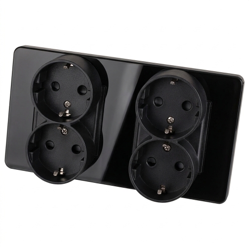 Vierfachsteckdose Glas Hochglanz Schuko Schwarz Und Doppelrahmen 2 X Steckdose