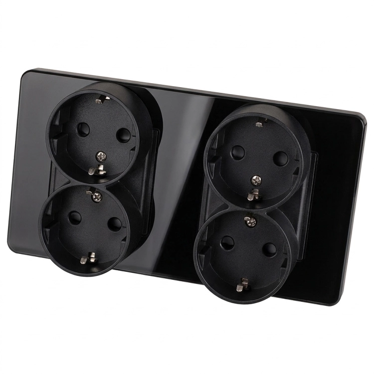 Vierfachsteckdose Glas Hochglanz Schuko Schwarz Und Doppelrahmen 2 X Steckdose