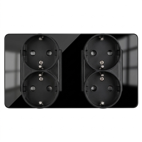 Vierfachsteckdose Glas Hochglanz Schuko Schwarz Und Doppelrahmen 2 X Steckdose