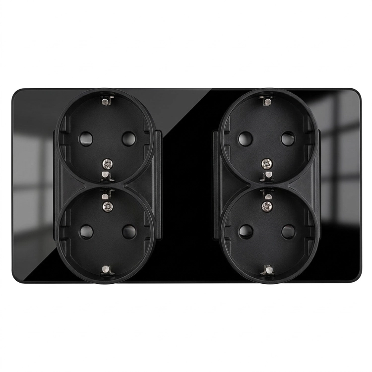 Vierfachsteckdose Glas Hochglanz Schuko Schwarz Und Doppelrahmen 2 X Steckdose