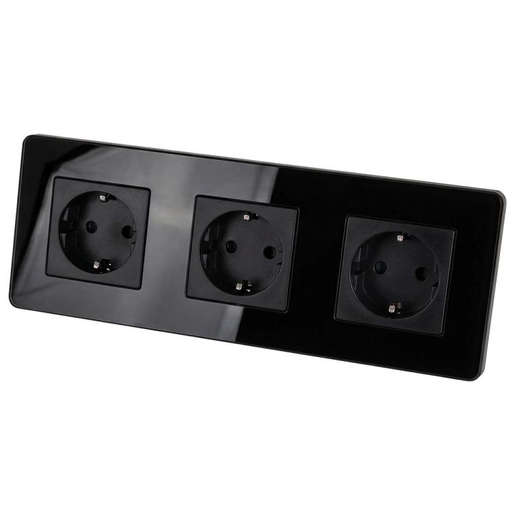 Dreifachsteckdose Glas Hochglanz Schwarz Schuko Dreifachrahmen Und 3 X Steckdose