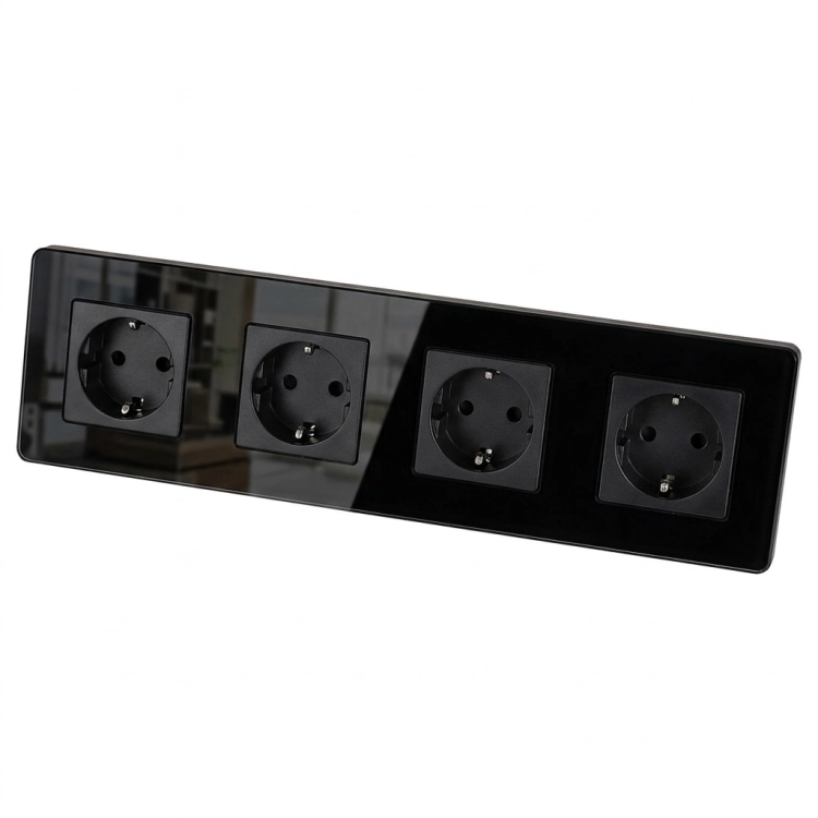 Vierfachsteckdose Glas Hochglanz Schuko Schwarz Vierfachrahmen Und 4 X Steckdose
