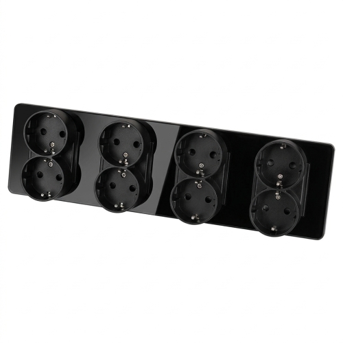 Vierfachsteckdose Glas Hochglanz Schuko Schwarz Vierfachrahmen Und 4 X Doppelsteckdose