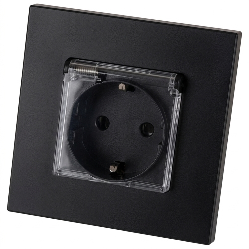 Kunststoff-Steckdose LINEA Mit Klappdeckel Schuko Mit Schutzkontakt Ohne Erdungsstift Schwarz MIUUN