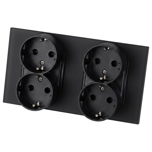 Vierfachsteckdose Aus Glas Matt Schuko Schwarz Und Doppelrahmen 2 X Steckdose