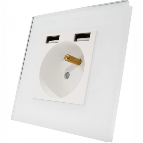 Steckdose Mit Erdungsstift Weiß Glas + Doppel-USB-Ladesteckdose A+A 2.4A