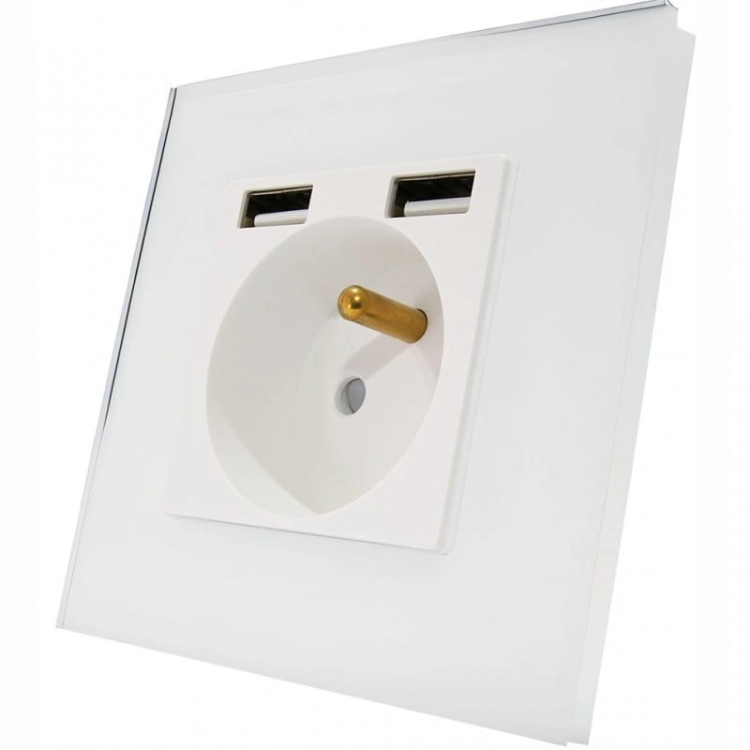Steckdose Mit Erdungsstift Weiß Glas + Doppel-USB-Ladesteckdose A+A 2.4A