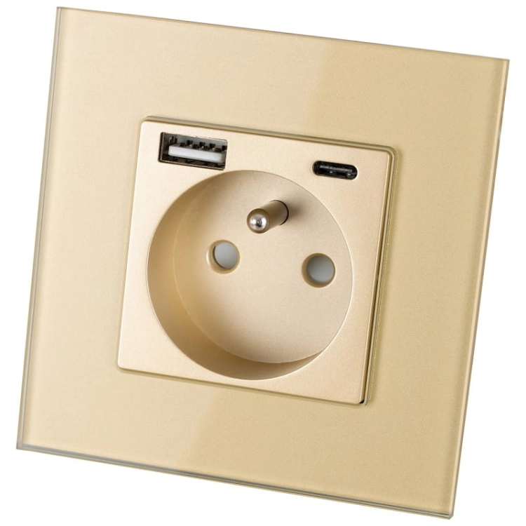 Steckdose Mit Erdungsstift Glas Gold + Doppelte USB-Ladesteckdose 20W Typ A+C MIUUN