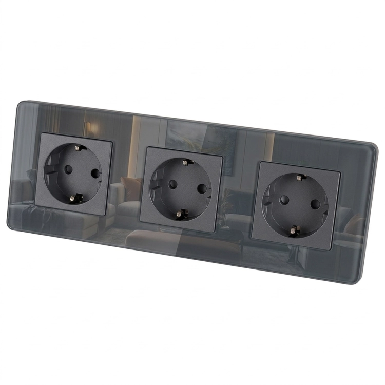 Dreifachsteckdose Glas Glänzend Grau Schuko Dreifachrahmen Und 3 X Steckdose