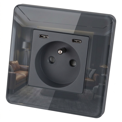 Steckdose Glas Hochglanz + Doppeltes USB C+C Ladegerät 20W Grau MIUUN