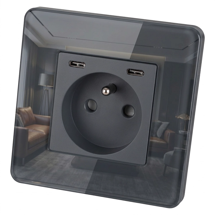 Steckdose Glas Hochglanz + Doppeltes USB C+C Ladegerät 20W Grau MIUUN