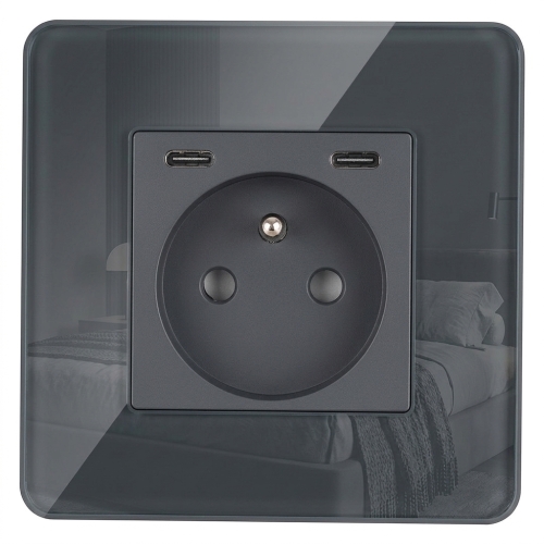 Steckdose Glas Hochglanz + Doppeltes USB C+C Ladegerät 20W Grau MIUUN